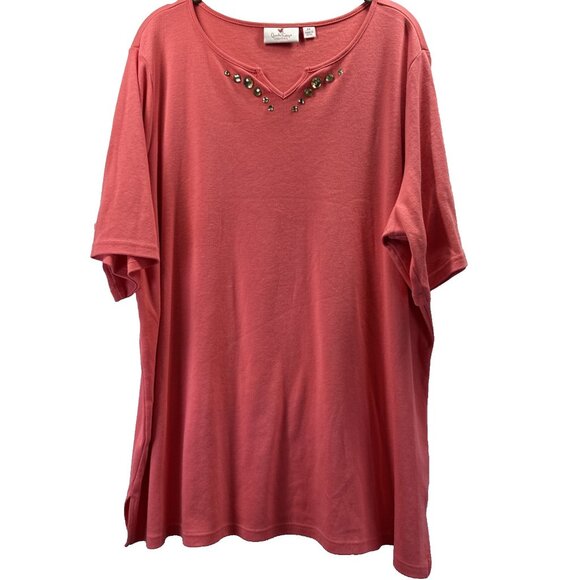 Quacker Factory Women's Top 2X Plus Orange Bead Embellished V Neck Short Sleeve - Picture 1 of 9